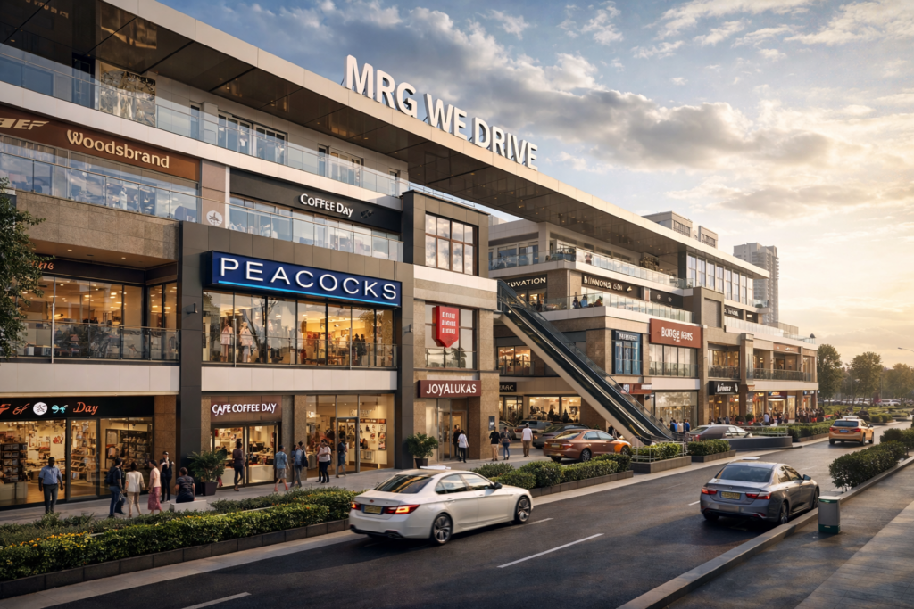 MRG We Drive commercial project in Sector 106 Dwarka Expressway Gurgaon with modern retail shops and drive-through shopping concept